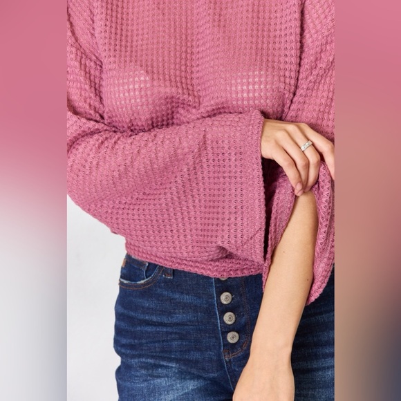 Culture Code Waffle-Knit Round Neck Long Sleeve Blouse - Picture 6 of 12